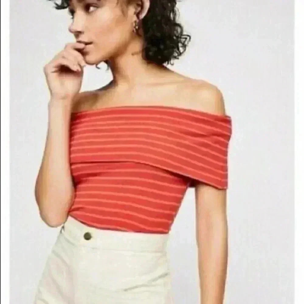 We the free people red orange Melbourne Striped Off-The-Shoulder Rib Knit Top L